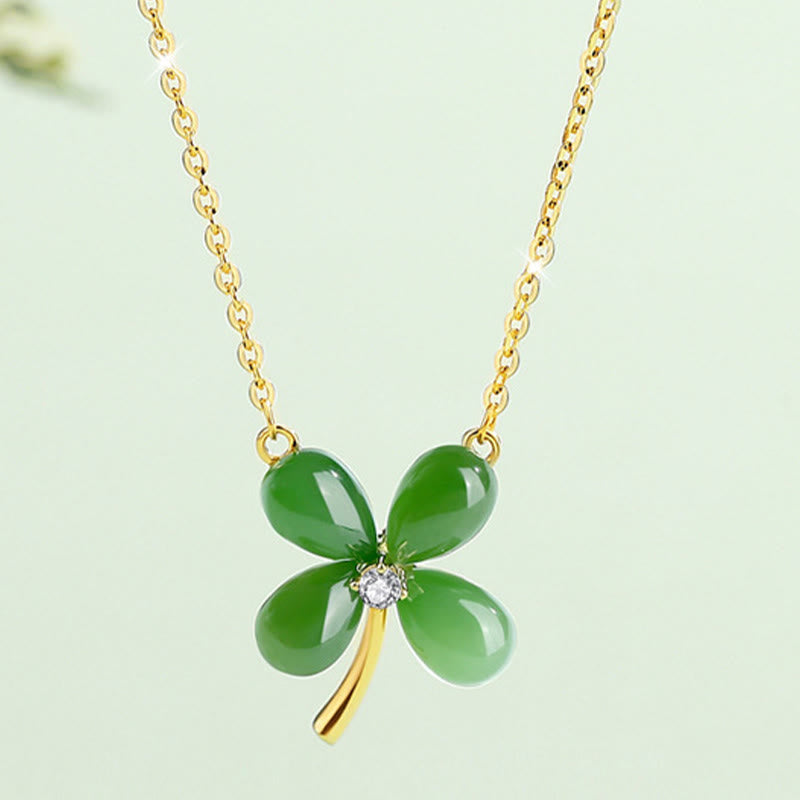 Jade Four Leaf Clover Necklace | 925 Silver Luck Pendant