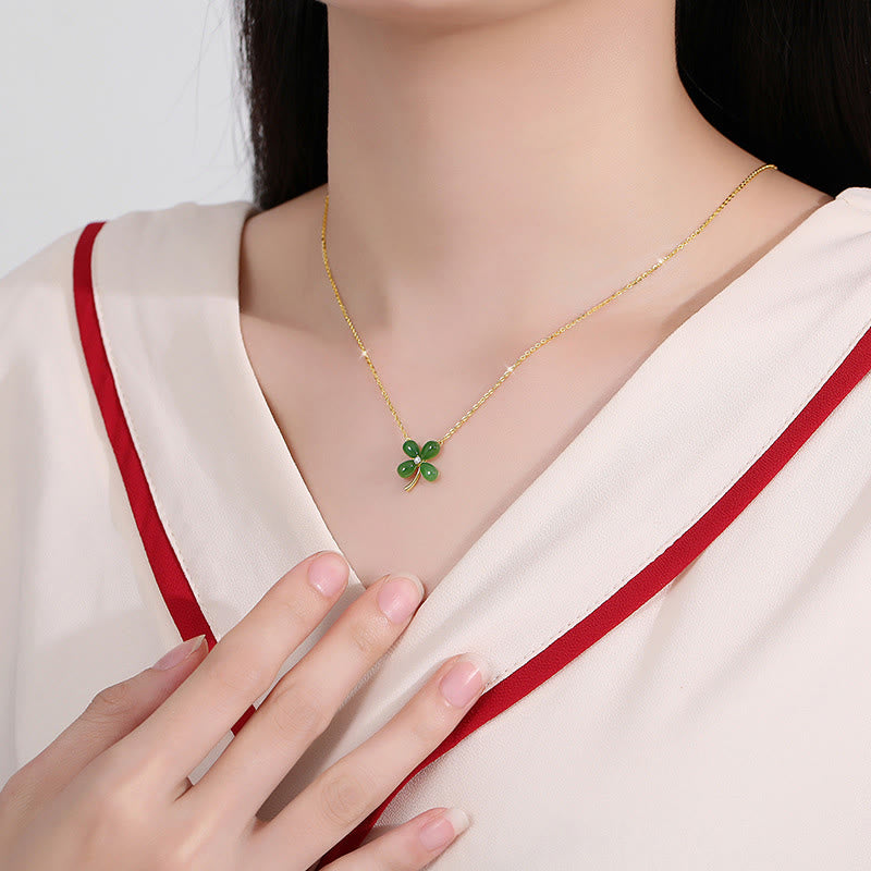 Jade Four Leaf Clover Necklace | 925 Silver Luck Pendant