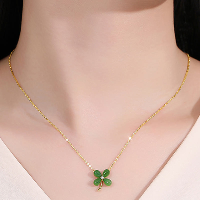 Jade Four Leaf Clover Necklace | 925 Silver Luck Pendant