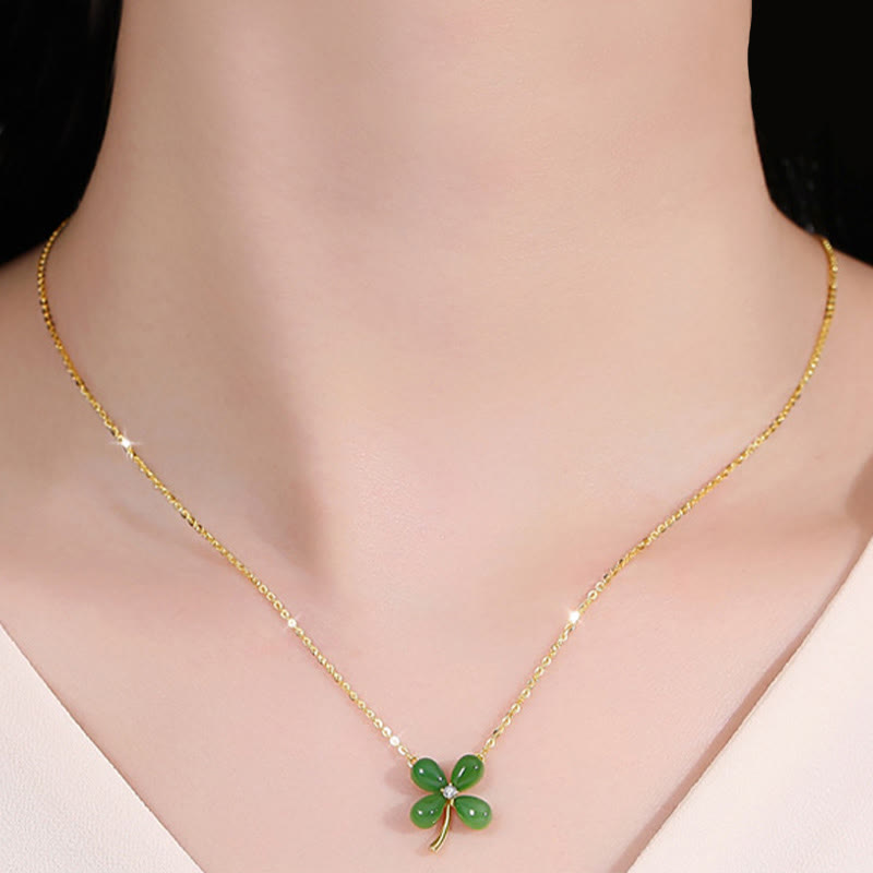 Jade Four Leaf Clover Necklace | 925 Silver Luck Pendant
