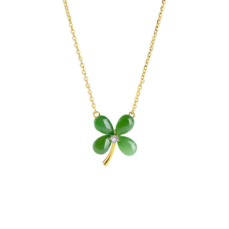 Jade Four Leaf Clover Necklace | 925 Silver Luck Pendant