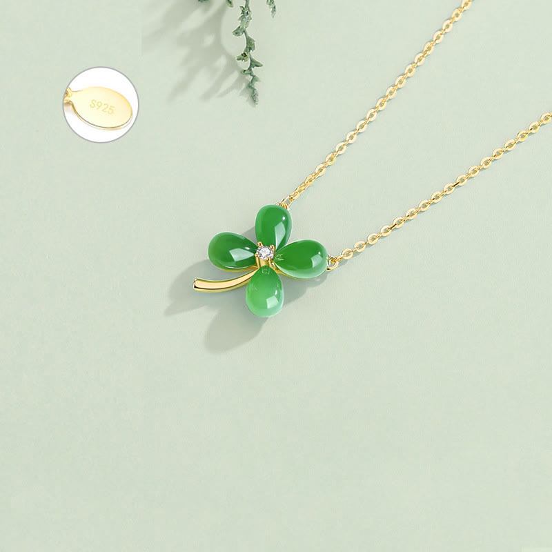 Jade Four Leaf Clover Necklace | 925 Silver Luck Pendant