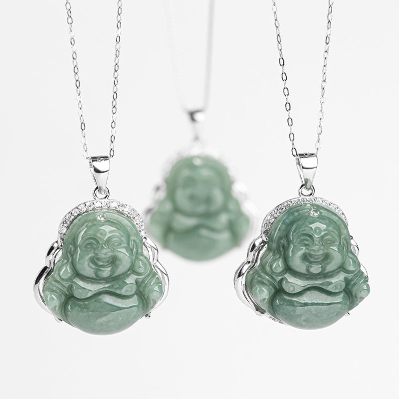 Jade Laughing Buddha Necklace 925 Sterling Silver Pendant