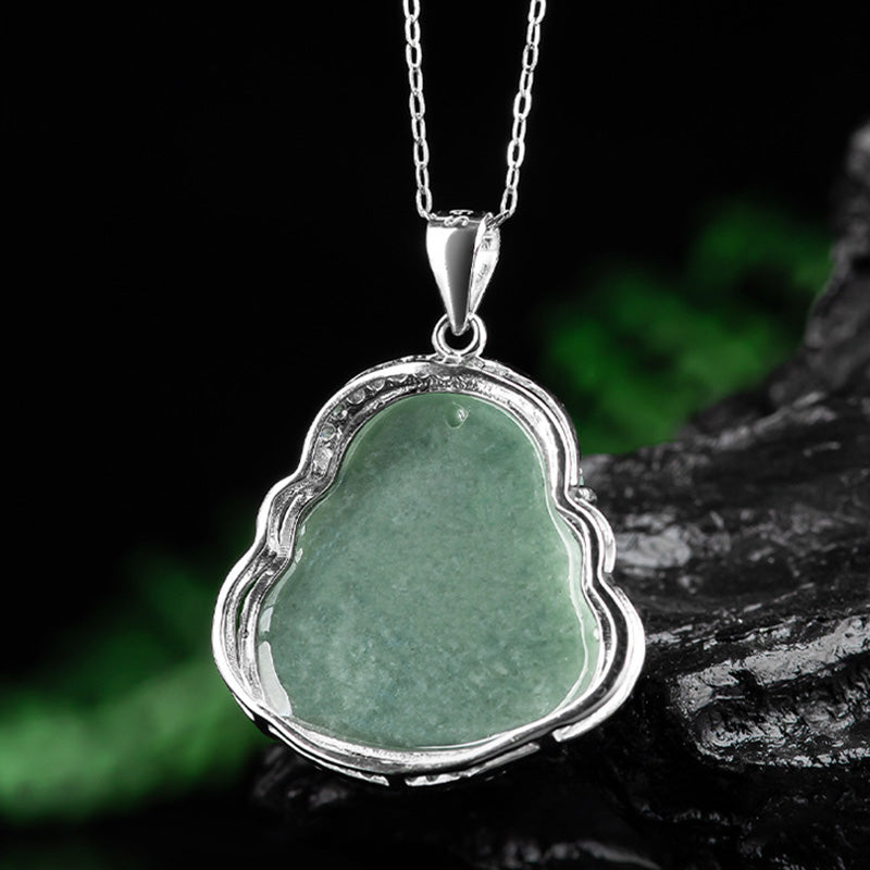 Jade Laughing Buddha Necklace 925 Sterling Silver Pendant