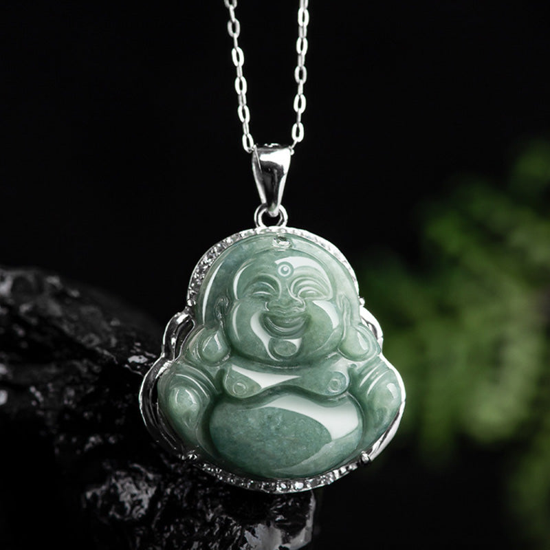 Jade Laughing Buddha Necklace 925 Sterling Silver Pendant