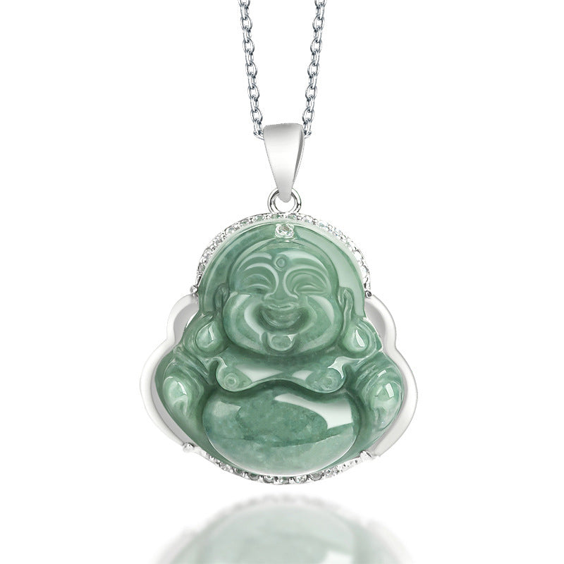 Jade Laughing Buddha Necklace 925 Sterling Silver Pendant