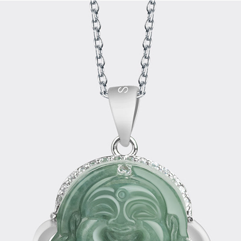 Jade Laughing Buddha Necklace 925 Sterling Silver Pendant
