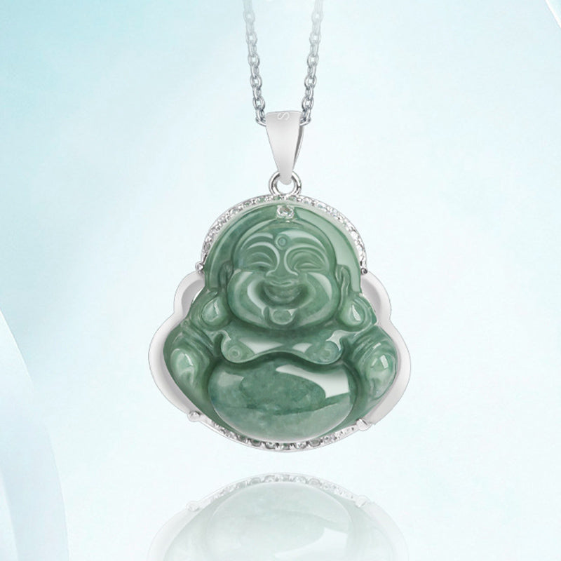 Jade Laughing Buddha Necklace 925 Sterling Silver Pendant