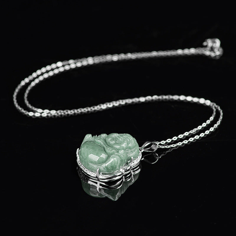 Jade Laughing Buddha Necklace 925 Sterling Silver Pendant