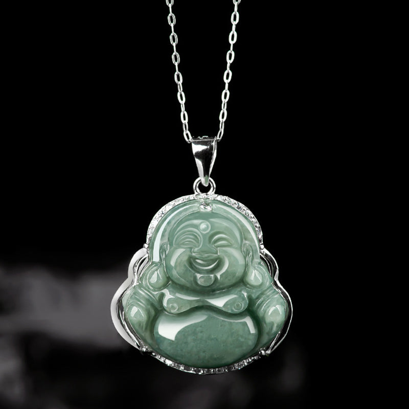 Jade Laughing Buddha Necklace 925 Sterling Silver Pendant