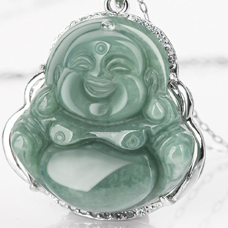 Jade Laughing Buddha Necklace 925 Sterling Silver Pendant