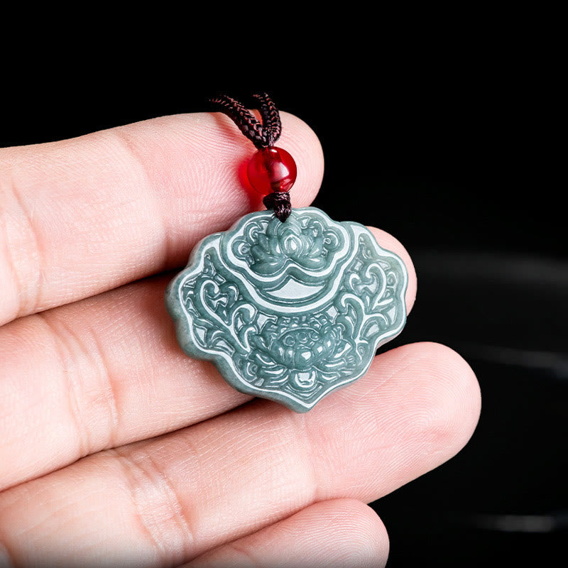 Jade Lotus Necklace with Prosperity Symbol Pendant