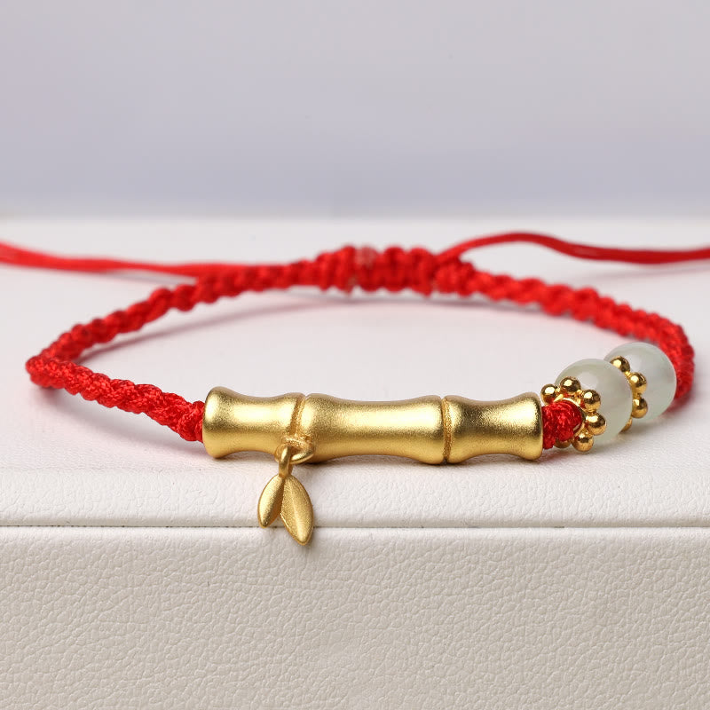 Jade Luck Strength Bracelet with Bamboo Design and Red String