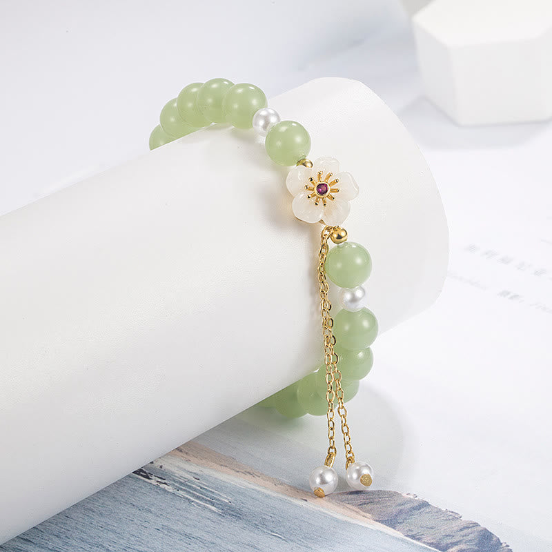 Jade Pearl Luck & Blessing Bracelet with Peach Blossom Flower