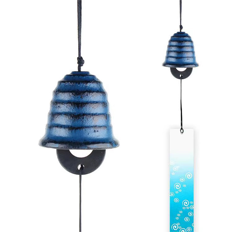 Blue striped Japanese wind bell with glass chime for garden decor