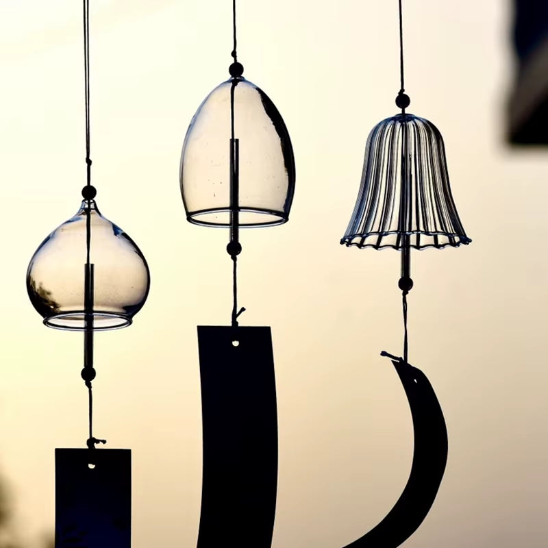 Three Japanese Glass Wind Chimes with decorative metal shapes and bell-shaped tops