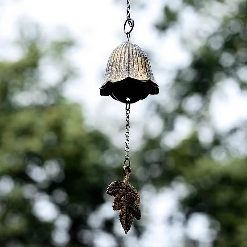 Bell-shaped Japanese Iron Wind Chime with decorative metal leaf pendant for outdoor decor