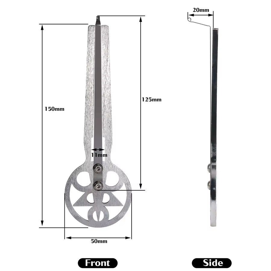 Technical diagram of decorative wheel-style door knocker with measurements for Jaw Harp Instrument