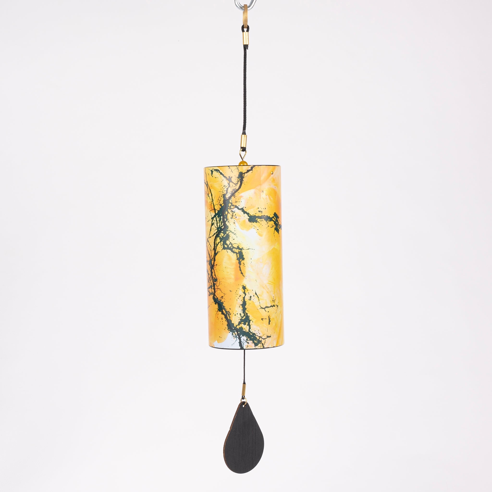 Cylindrical yellow pendant lamp with green veining for Kayu Wind Chime meditation