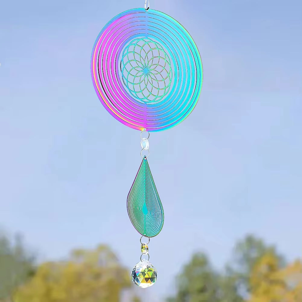 Kinetic Mandala Wind Spinner 3D Gradient Color Drop Crystal Prism Ball Sun Catcher Hanging Garden Decor with 360° Rotating Hook