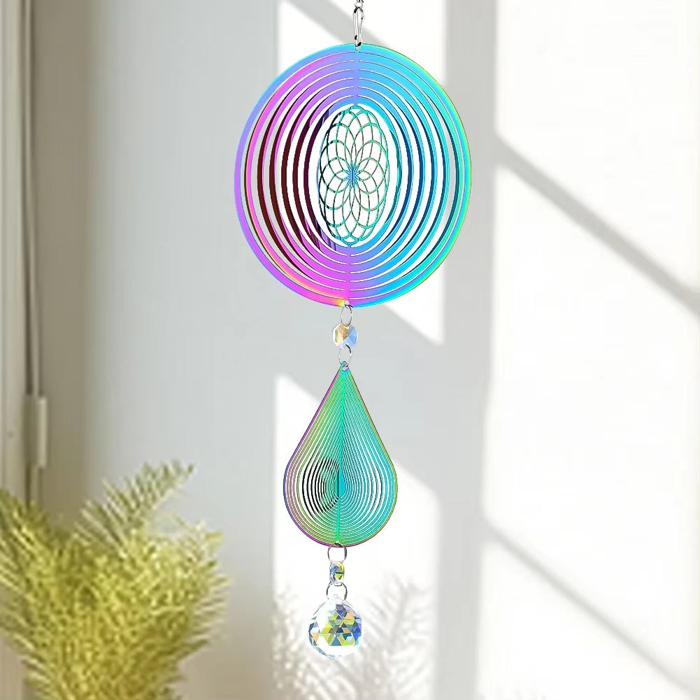 Kinetic Mandala Wind Spinner 3D Gradient Color Drop Crystal Prism Ball Sun Catcher Hanging Garden Decor with 360° Rotating Hook