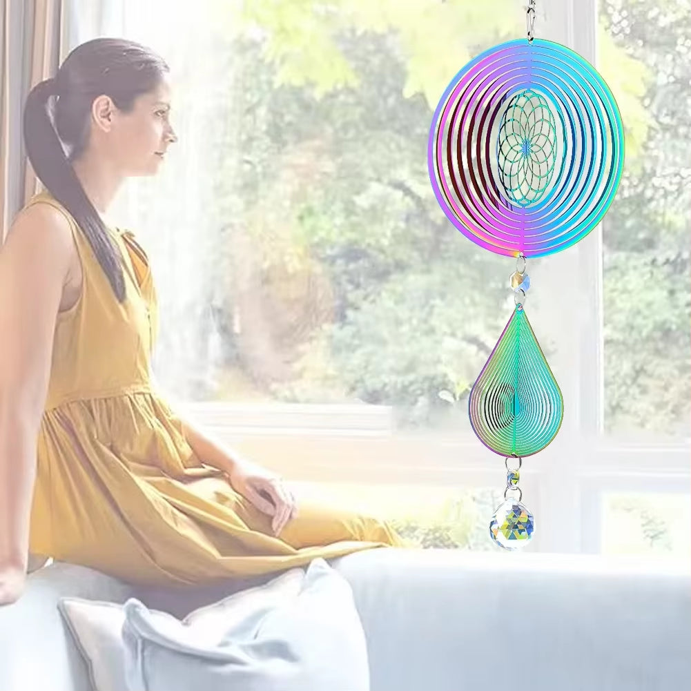 Kinetic Mandala Wind Spinner 3D Gradient Color Drop Crystal Prism Ball Sun Catcher Hanging Garden Decor with 360° Rotating Hook