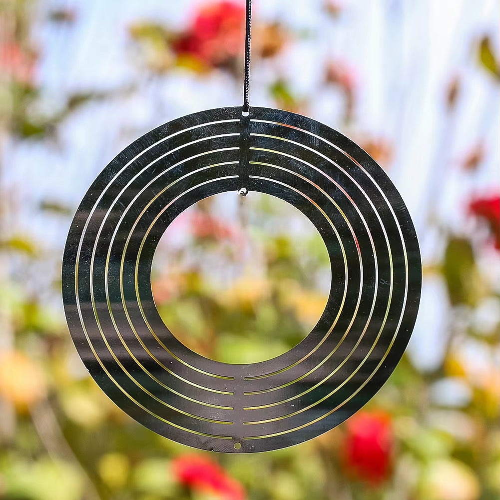 Circular metal spiral wind spinner for garden and yard decor hanging from string