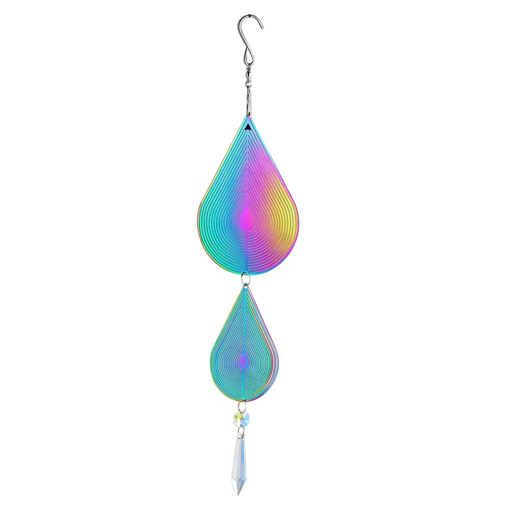 Iridescent teardrop wind spinner with crystal pendant for yard decor
