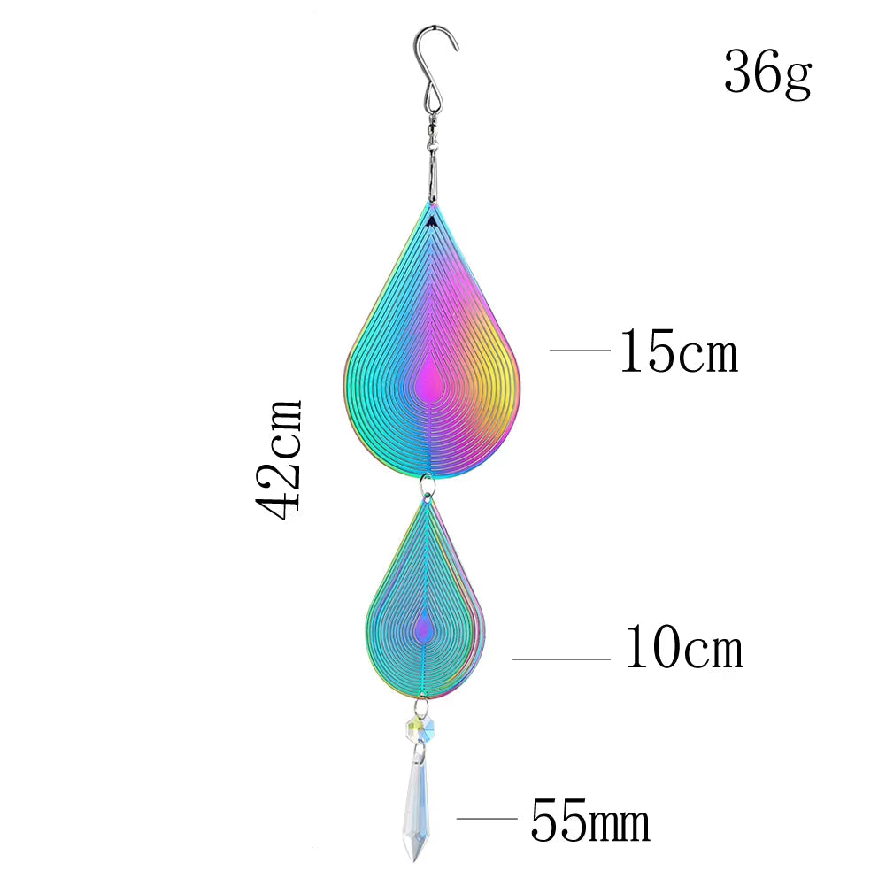 Iridescent teardrop-shaped wind spinner with crystal pendant for outdoor decor