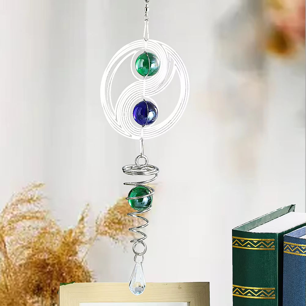 Yin-yang metal suncatcher with green blue beads for Kinetic Metal Garden Wind Spinner