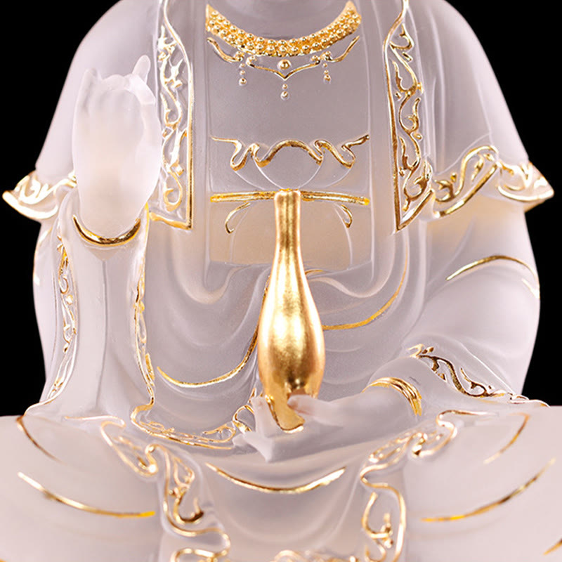 Kwan Yin Avalokitesvara Liuli Crystal Statue - 15.5cm Handmade