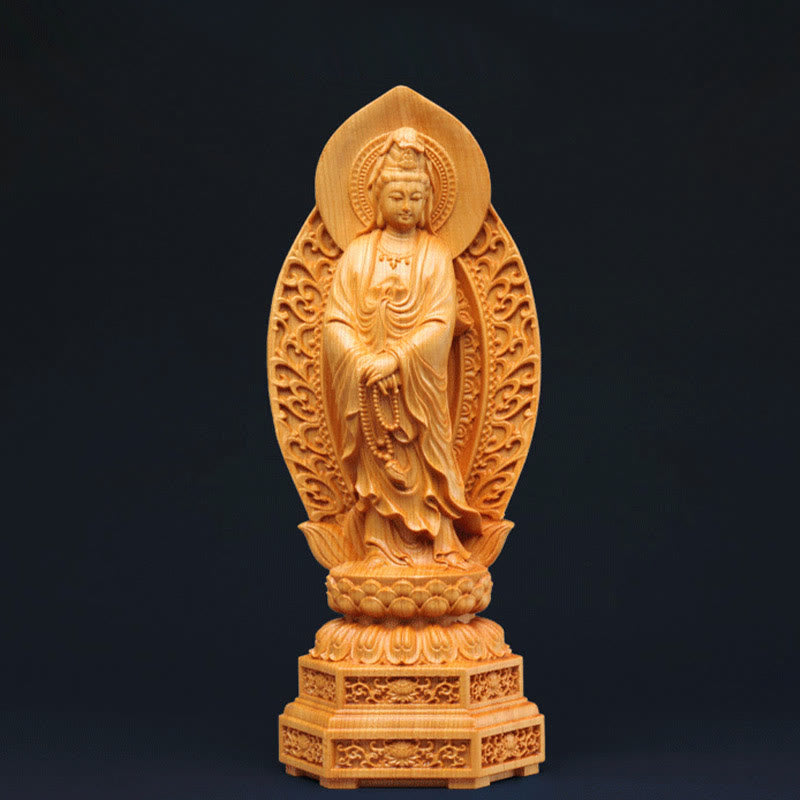 Kwan Yin Wood Statue | Thuja Sutchuenensis 20.5cm Prosperity Decor
