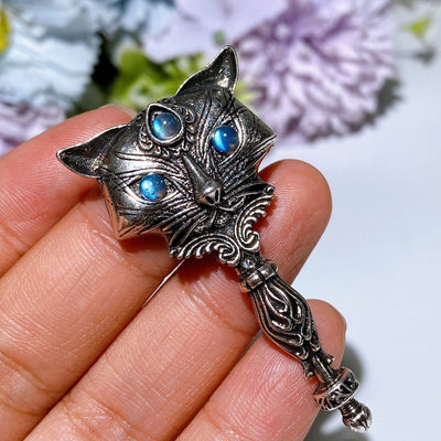 Labradorite Garnet Silver Cat Pendant for Spiritual Healing 2.1 inch