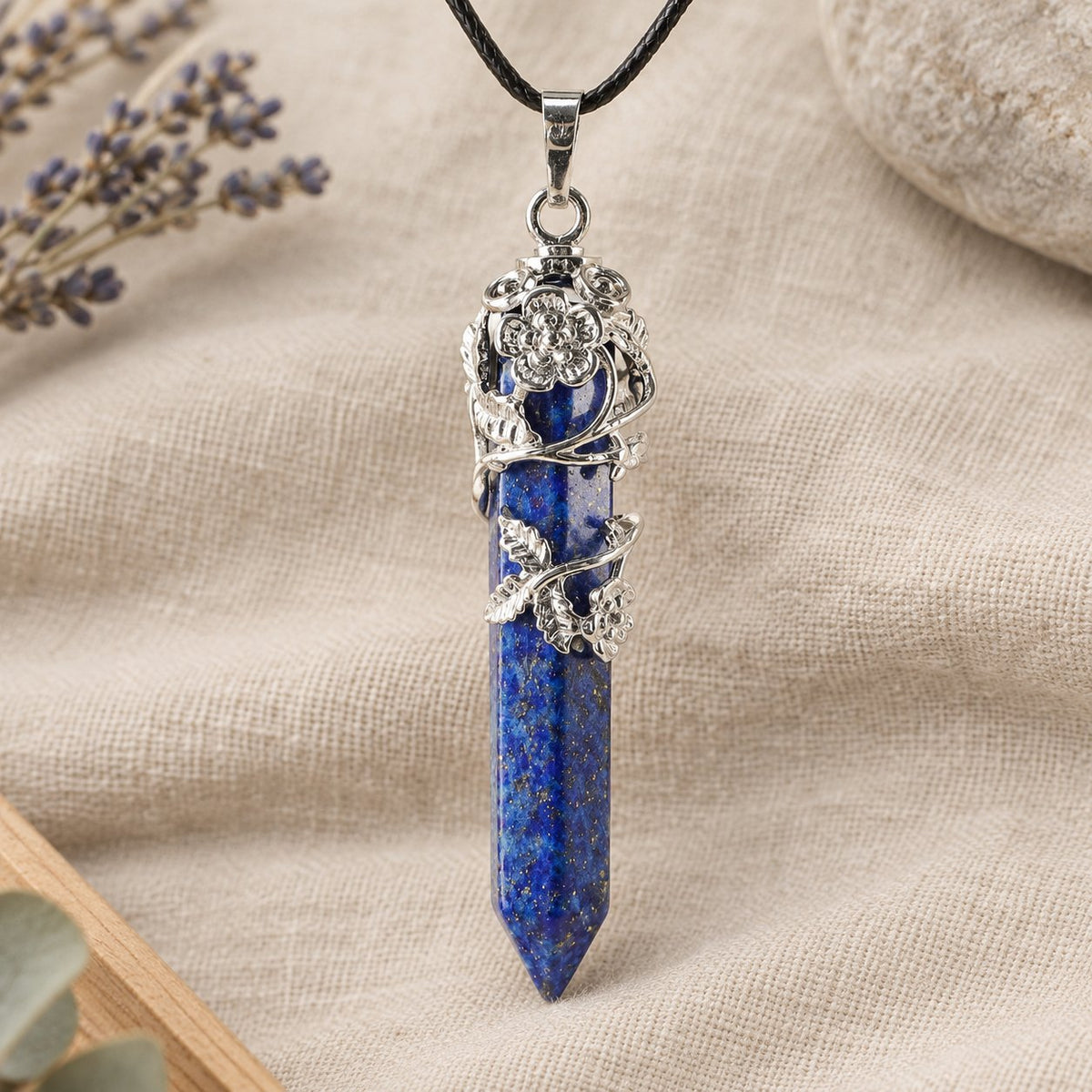 Healing Lapis Lazuli Silver Crystal Point Pendant, other side of pendant showing the wire vine