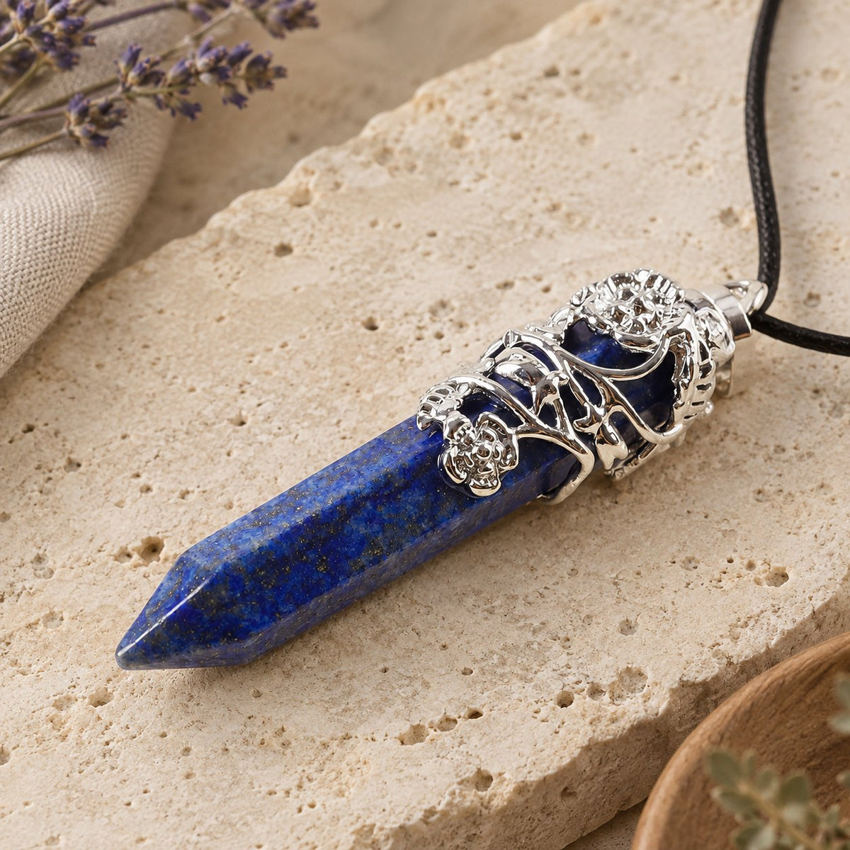 Healing Lapis Lazuli Silver Crystal Point Pendant, pendant at a diagonal angle without cord