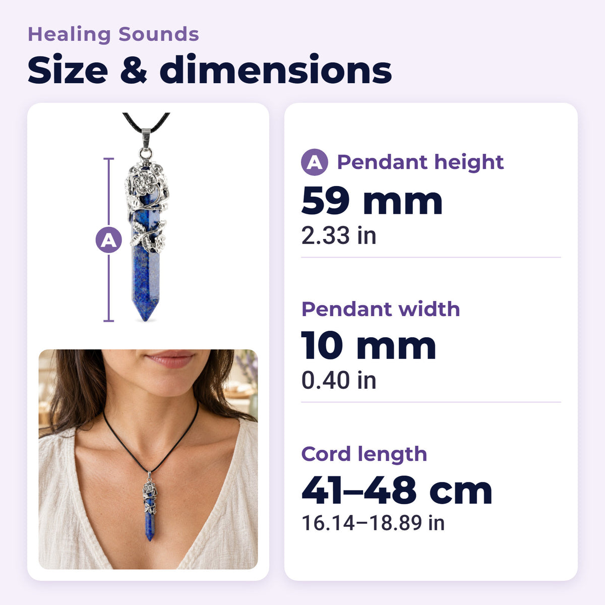 Healing Lapis Lazuli Silver Crystal Point Pendant, size and dimensions in millimetres and inches