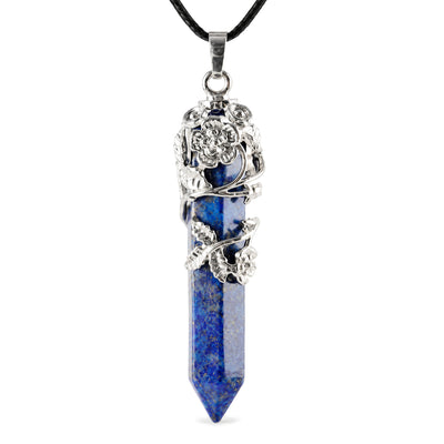 Healing Lapis Lazuli Silver Crystal Point Pendant, on a white background