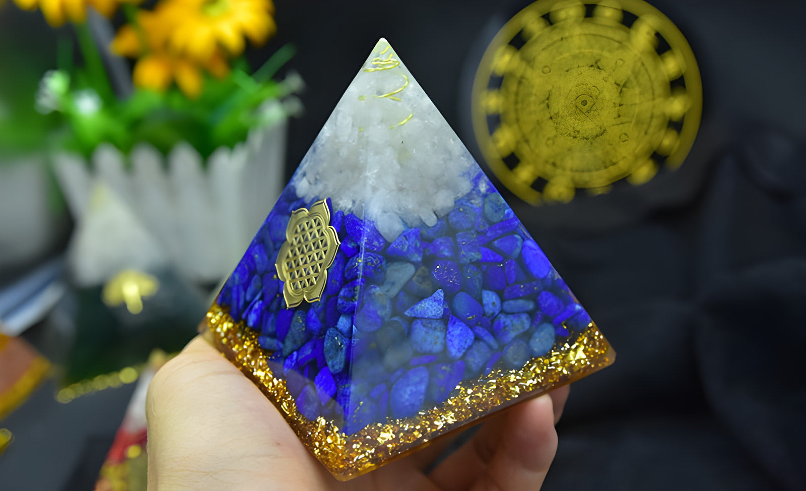Lapis Lazuli and White Crystal Orgone Pyramid