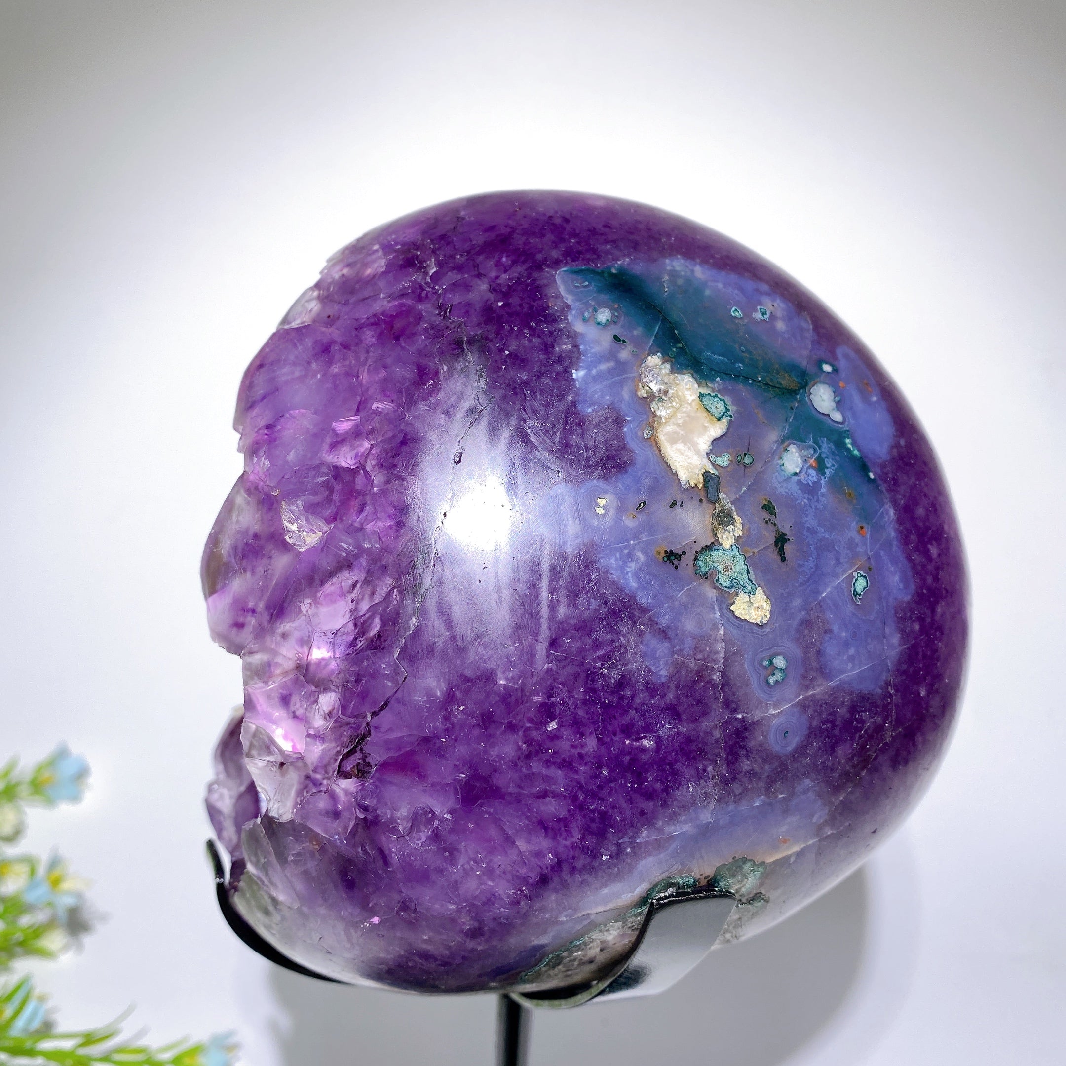 Large Amethyst Geode with UV Reactive Calcite on Stand