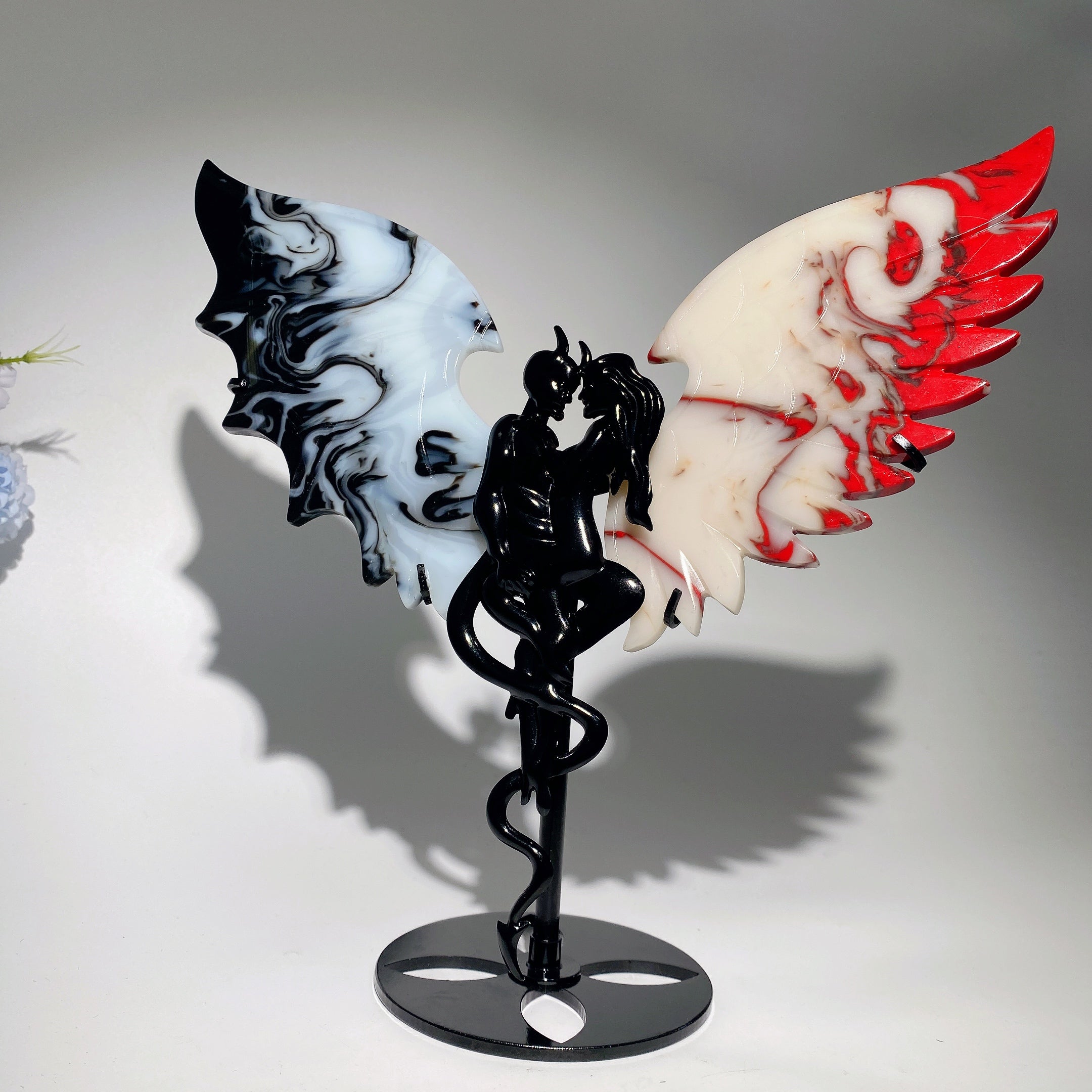 Large Black Red Agate Crystal Wings Carving with Stand