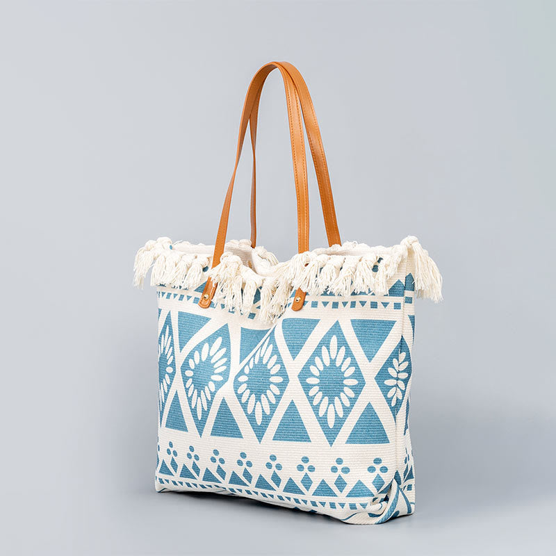 Large Canvas Tote Bag With Boho Geometric Tassels 50cm