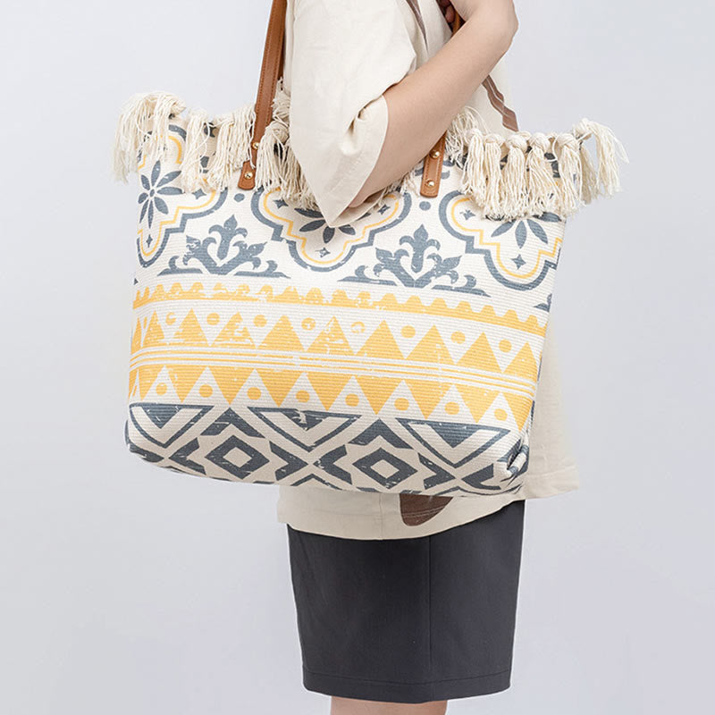 Large Canvas Tote Bag With Boho Geometric Tassels 50cm