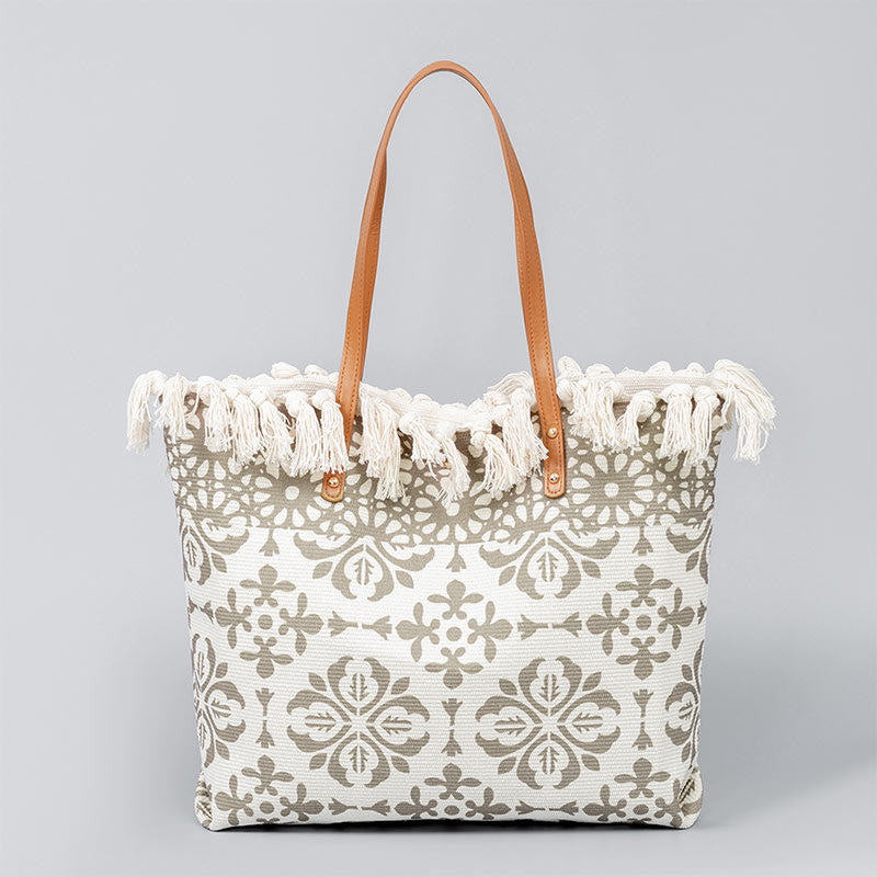 Large Canvas Tote Bag With Boho Geometric Tassels 50cm