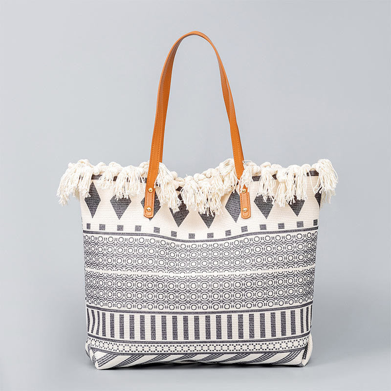 Large Canvas Tote Bag With Boho Geometric Tassels 50cm
