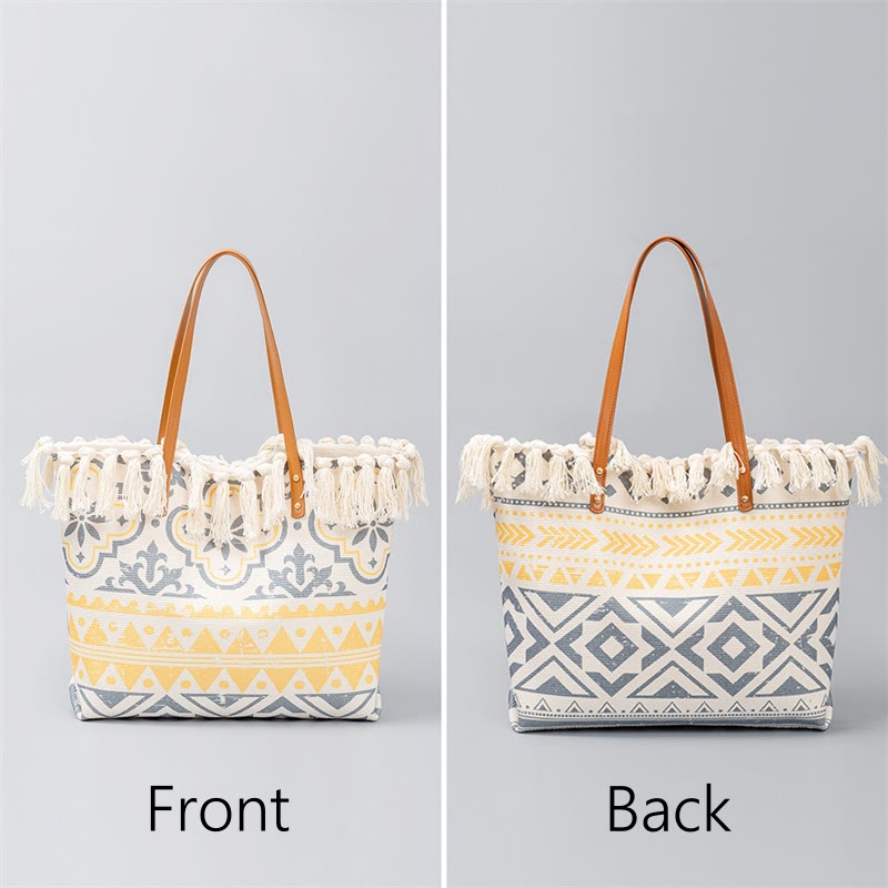 Large Canvas Tote Bag With Boho Geometric Tassels 50cm