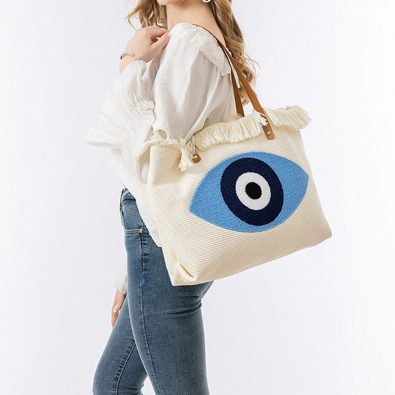 Large Capacity Canvas Evil Eye Tote Bag for Protection