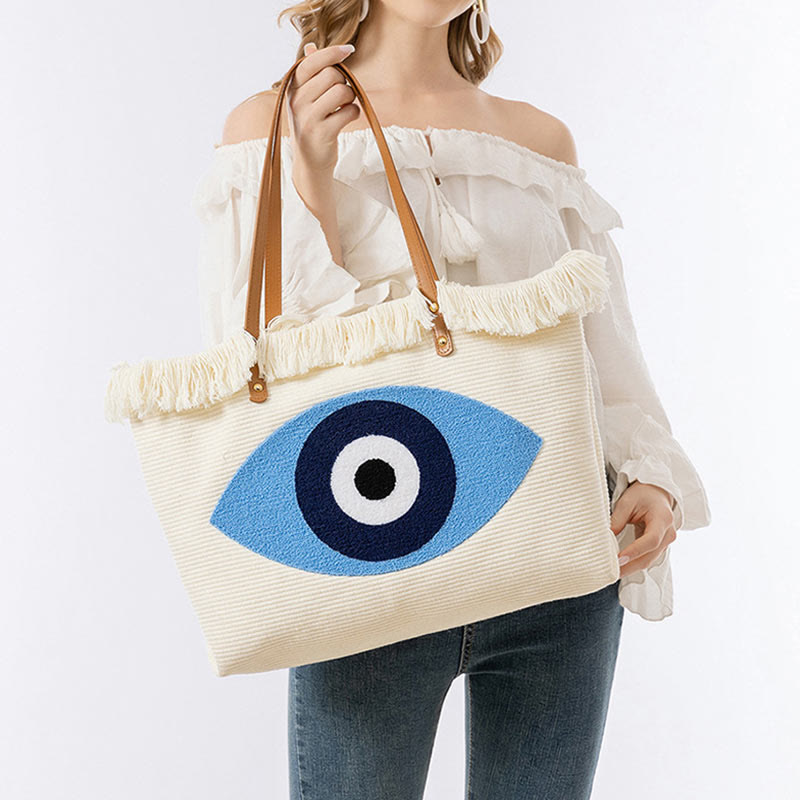 Large Capacity Canvas Evil Eye Tote Bag for Protection
