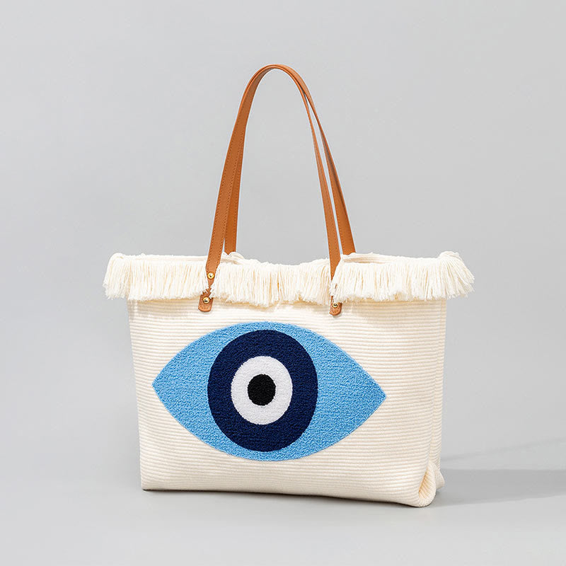 Large Capacity Canvas Evil Eye Tote Bag for Protection