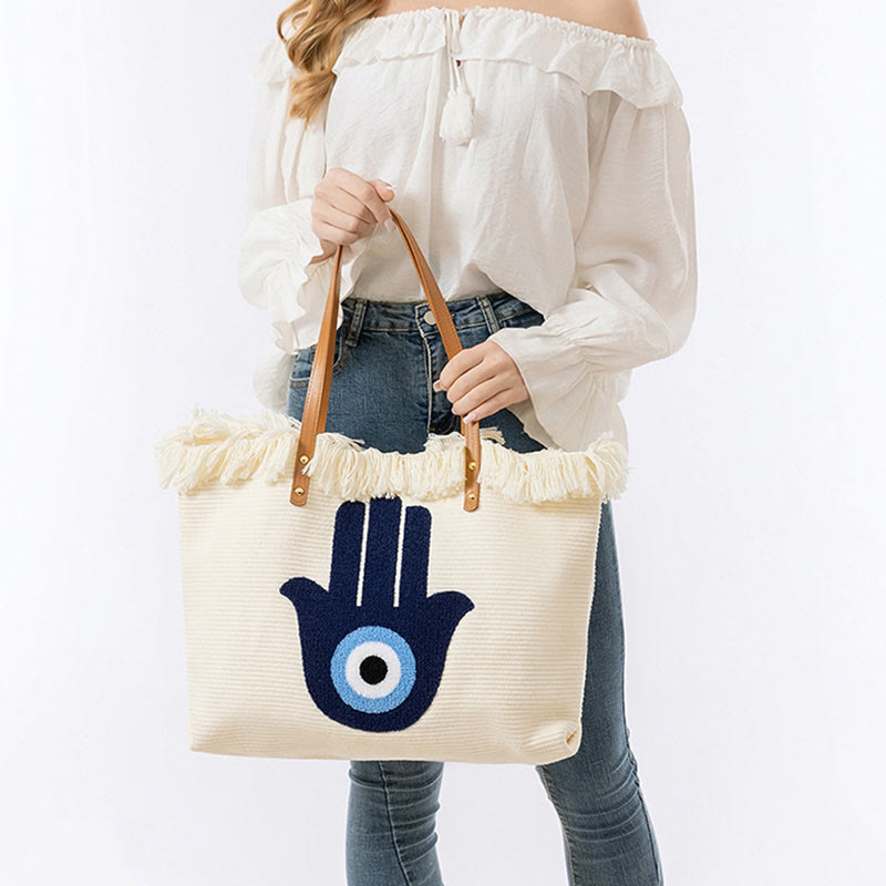 Large Capacity Canvas Evil Eye Tote Bag for Protection