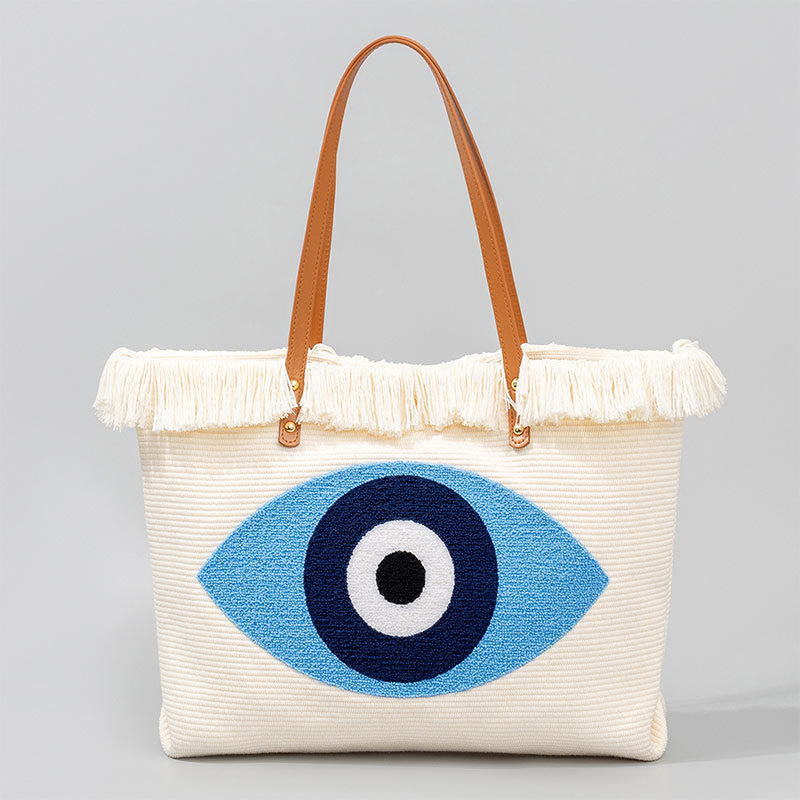 Large Capacity Canvas Evil Eye Tote Bag for Protection